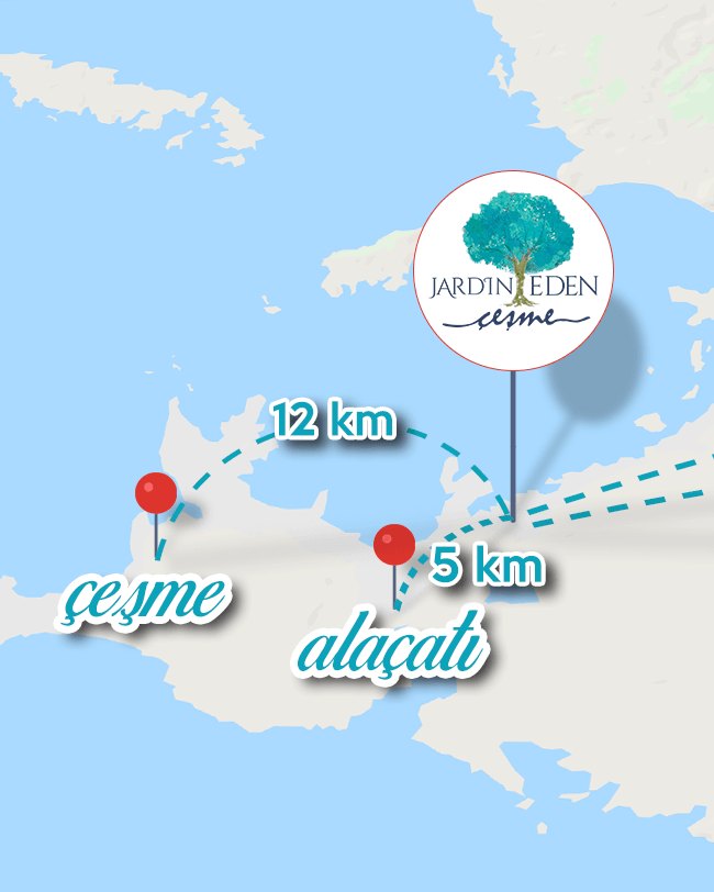 Jardin Eden'in Alaçatı ve Çeşme'ye uzaklığını gösteren harita