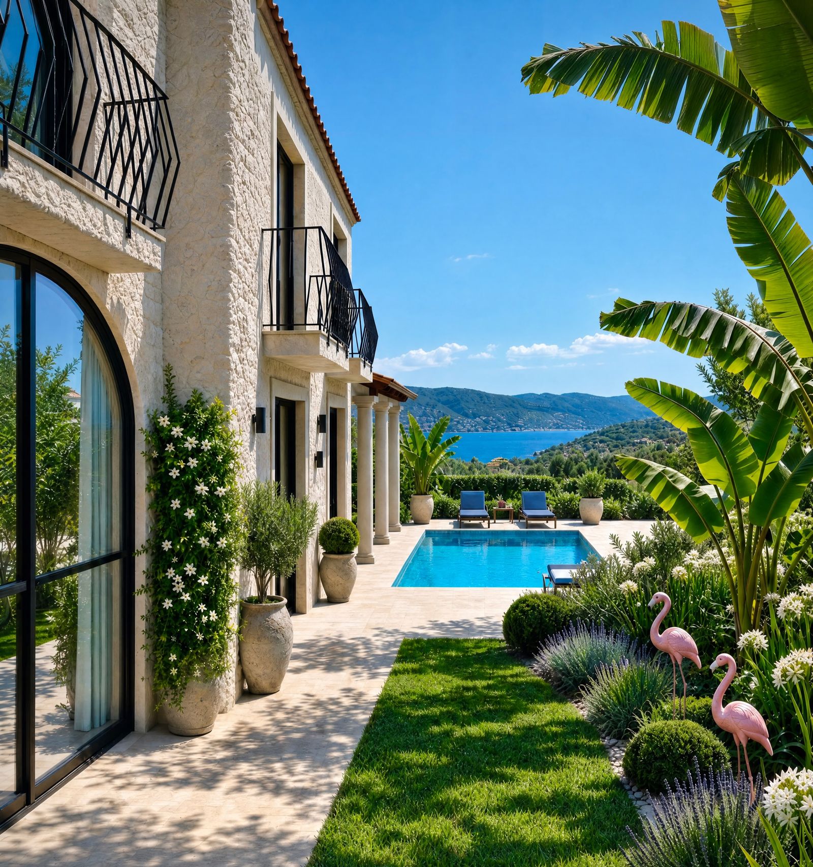 Deniz manzaralı villa bahçesi
